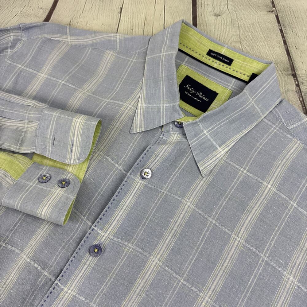 Indigo Palms Shirt Mens L Blue Check 100% Linen Long Sleeve Button Front Casual